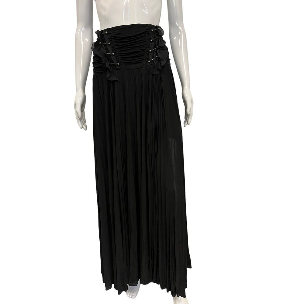 ROBERTO CAVALLI $1800 Black Ruffle Waist Pleated Maxi Skirt Size 42 US 6